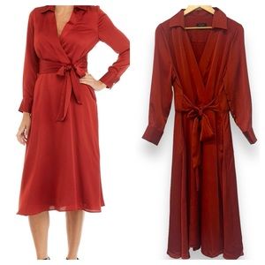 NWT Tahari Long Sleeve Tie Waist Midi Wrap Dress with Collar Size 12